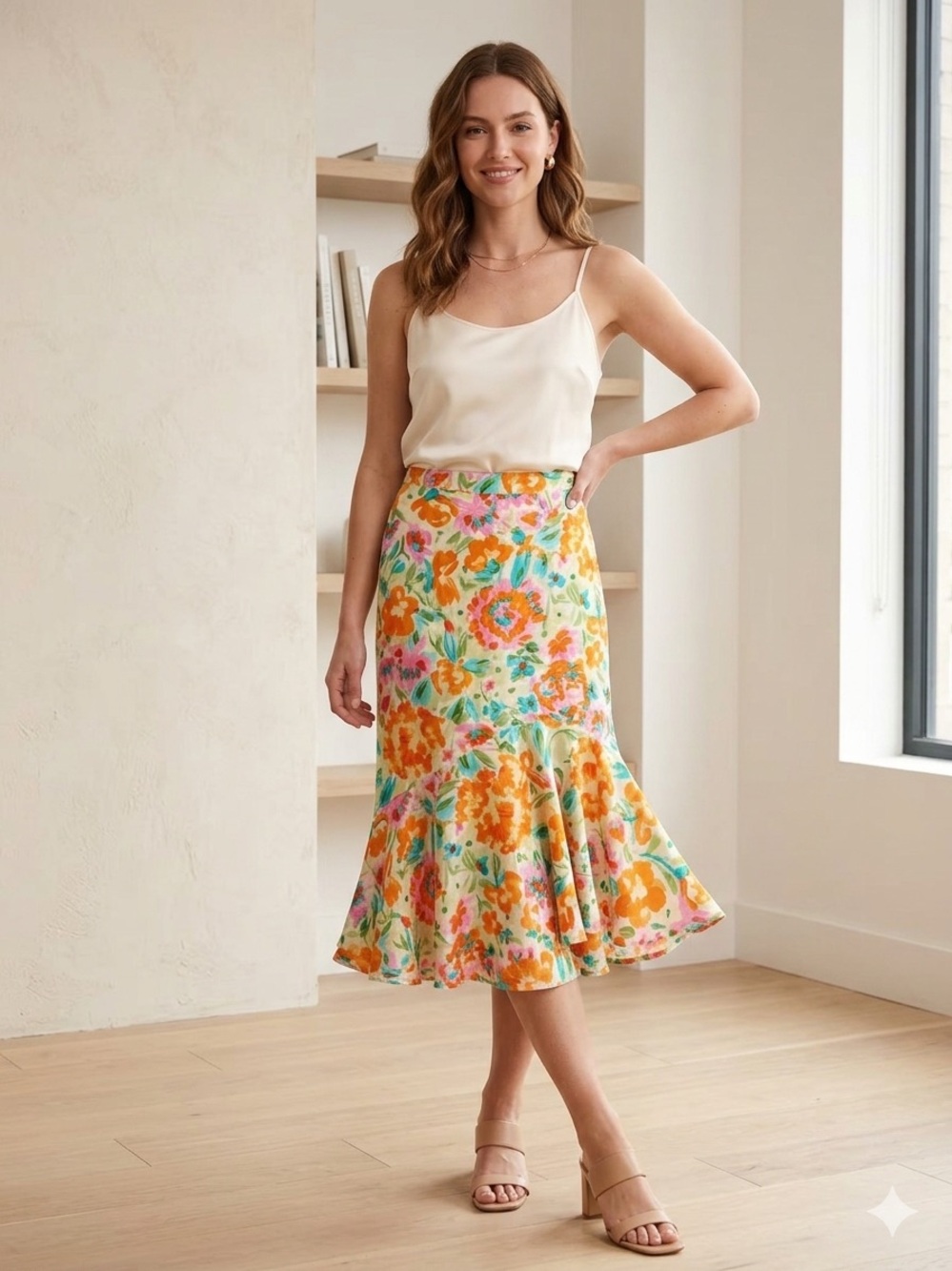 Soho Floral Ruffled Hem Women's Skirt - Orange & Pink boho floral